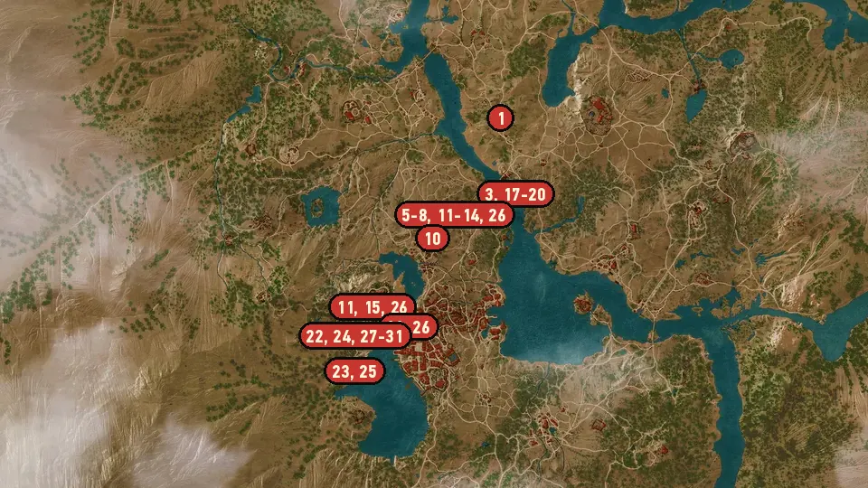 Map of the The Beast of Toussaint objectives around Palace Gardens, Corvo Bianco Vineyard, The Cockatrice Inn