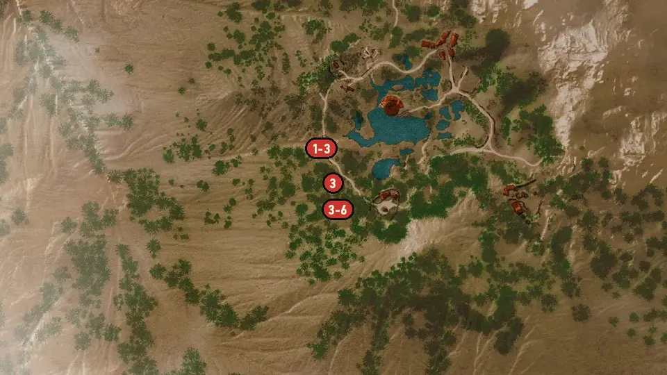Map of the Duck, Duck, Goosed! objectives around Basane Farm