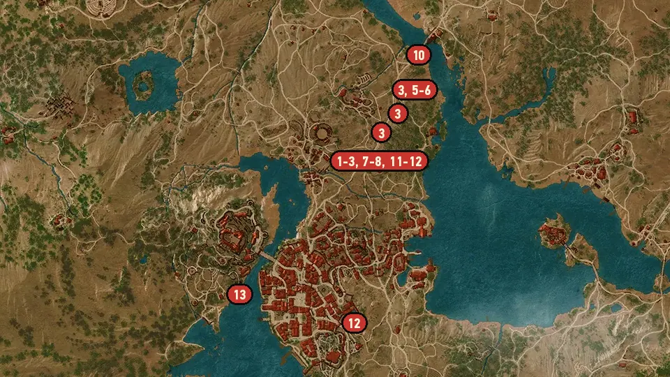Map of the Blood Simple objectives around Count de la Croix's Mill, The Cockatrice Inn, Metinna Gate