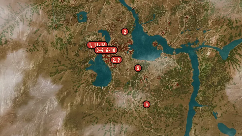 Map of the The Night of Long Fangs objectives around Beauclair Palace, The Gran'place, Metinna Gate