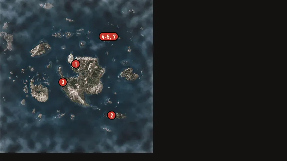 Map of the Fists of Fury: Skellige objectives around Urialla Harbor, Kaer Trolde Harbor, Harviken
