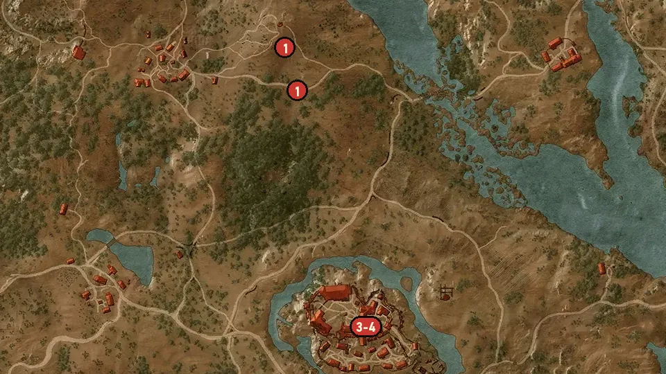 Map of the Contract: The Griffin from the Highlands objectives around Castle Village, Wolven Glade