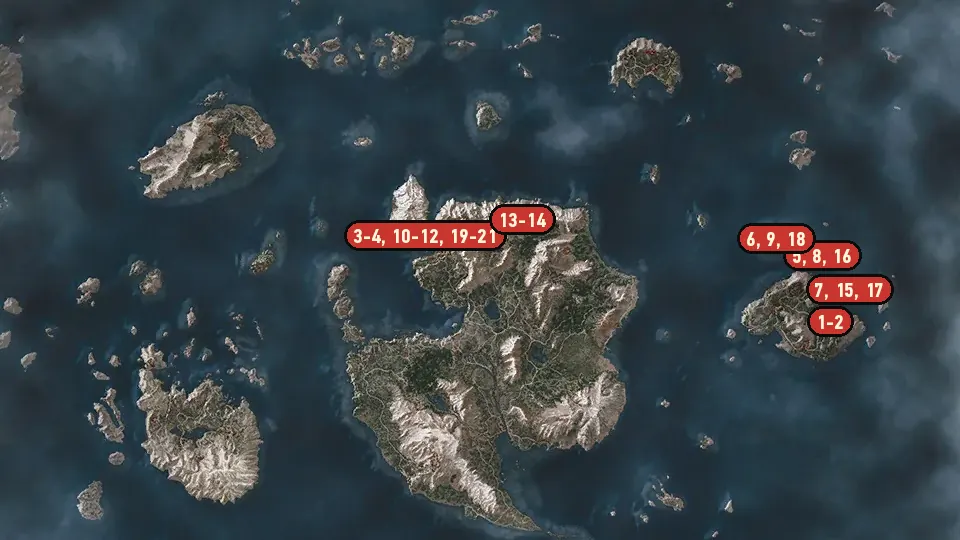 Map of the The Last Wish objectives around Kaer Morhen, Freya's Garden, Larvik