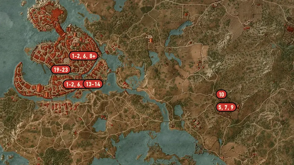 Map of the A Matter of Life and Death objectives around Hierarch Square, Vegelbud Residence, Tretogor Gate
