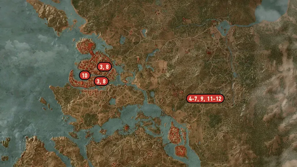 Map of the Redania's Most Wanted objectives around Est Tayiar, Kaer Morhen, Hierarch Square