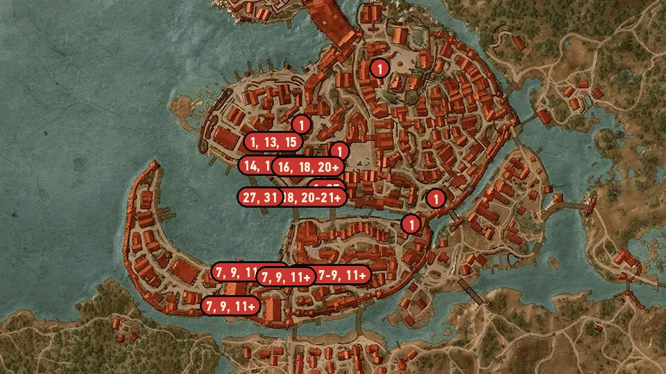 Map of the Of Swords and Dumplings objectives around Hierarch Square, Novigrad Docks, Portside Gate