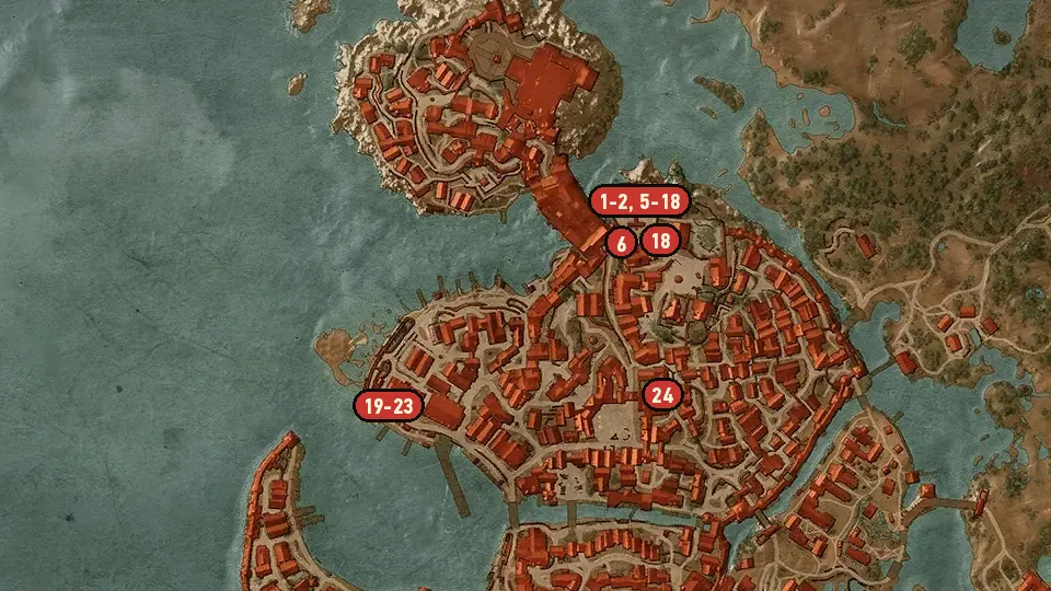 Map of the High Stakes objectives around St. Gregory's Bridge, Novigrad Docks, Hierarch Square