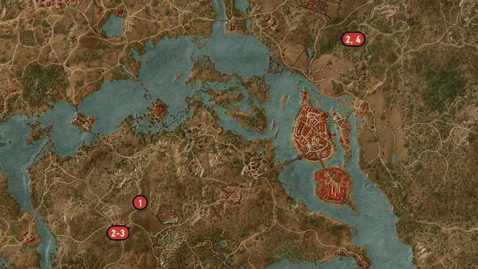 Map of the An Eye for an Eye objectives around Temerian Partisan Hideout, Hanged Man's Tree, Mulbrydale