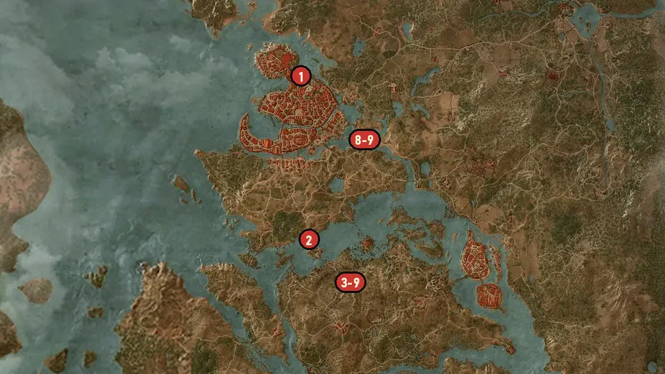Map of the A Deadly Plot objectives around Hanged Man's Tree, Seven Cats Inn, St. Gregory's Bridge