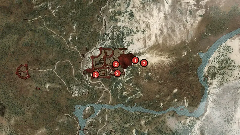 Map of the Final Preparations objectives around Kaer Morhen, Hierarch Square, Gate of the Hierarch