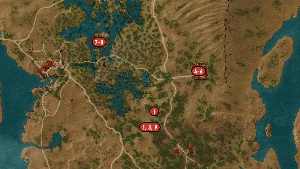 Map of the Scavenger Hunt: Grandmaster Feline Gear objectives around Arthach Palace Ruins, Trading Post