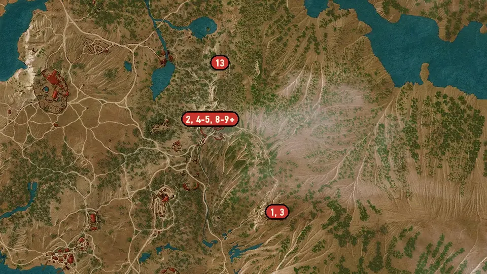 Map of the Scavenger Hunt: Grandmaster Griffin Gear objectives around Mont Crane Castle, Fort Ussar Ruins, Basane Farm
