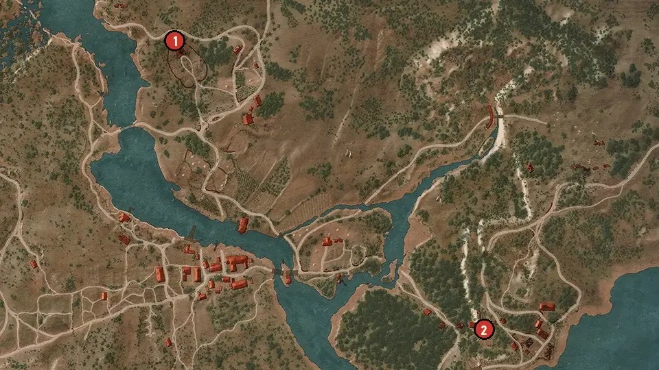 Map of the Scavenger Hunt: Viper School Gear objectives around Mill, Ransacked Village