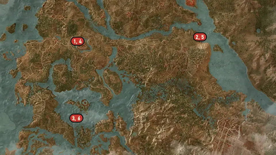 Map of the Scavenger Hunt: Wolf School Gear Upgrade Diagrams - Part 1 objectives around Castle Village, Grotto, Fyke Isle