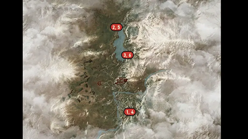 Map of the Scavenger Hunt: Wolf School Gear Upgrade Diagrams - Part 2 objectives around Iron Mine, Ruined Watchtower, Lakeside Hut