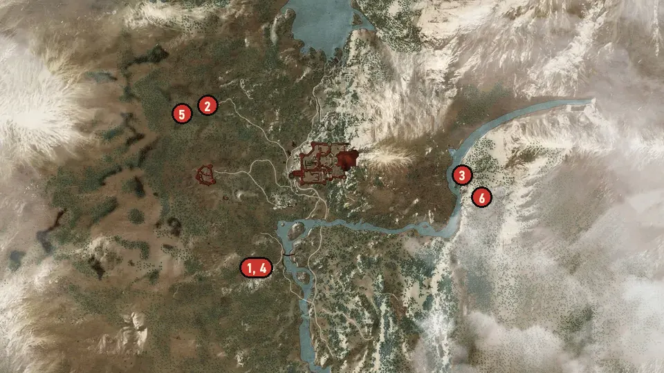 Map of the Scavenger Hunt: Wolf School Gear Upgrade Diagrams - Part 4 objectives around Iron Mine, Bastion, Kaer Morhen